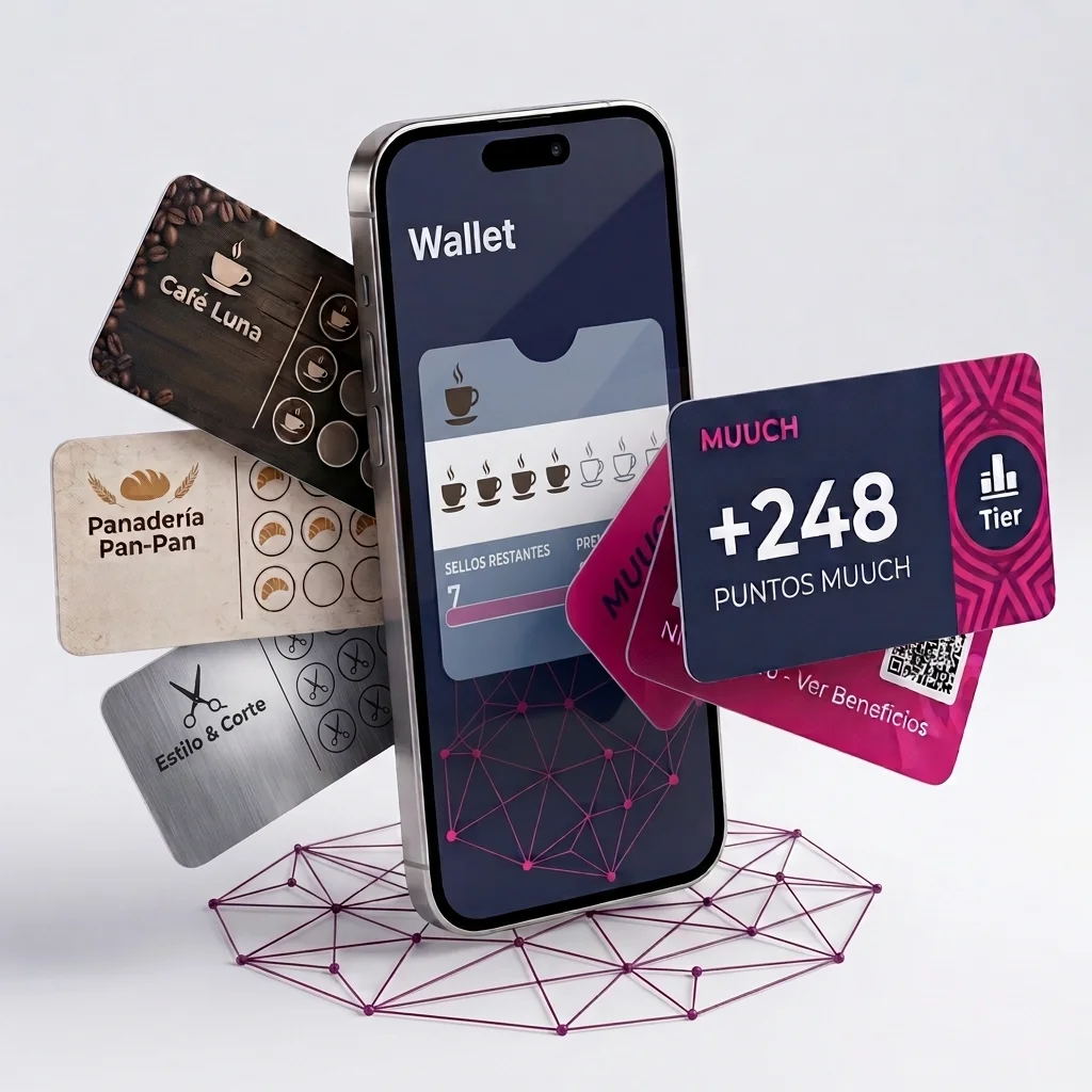 Tarjetas digitales de varios comercios y el pase de Puntos Muuch en el Wallet de un cliente